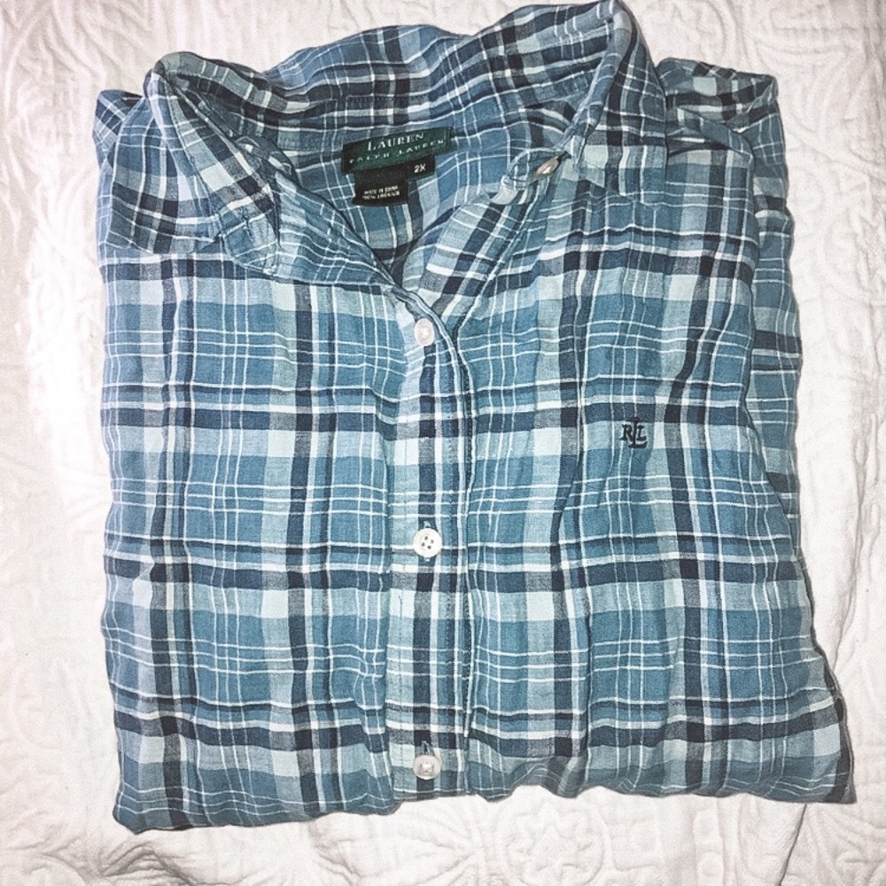 🌿LAUREN Ralph Lauren Blue Plaid Linen Button Down